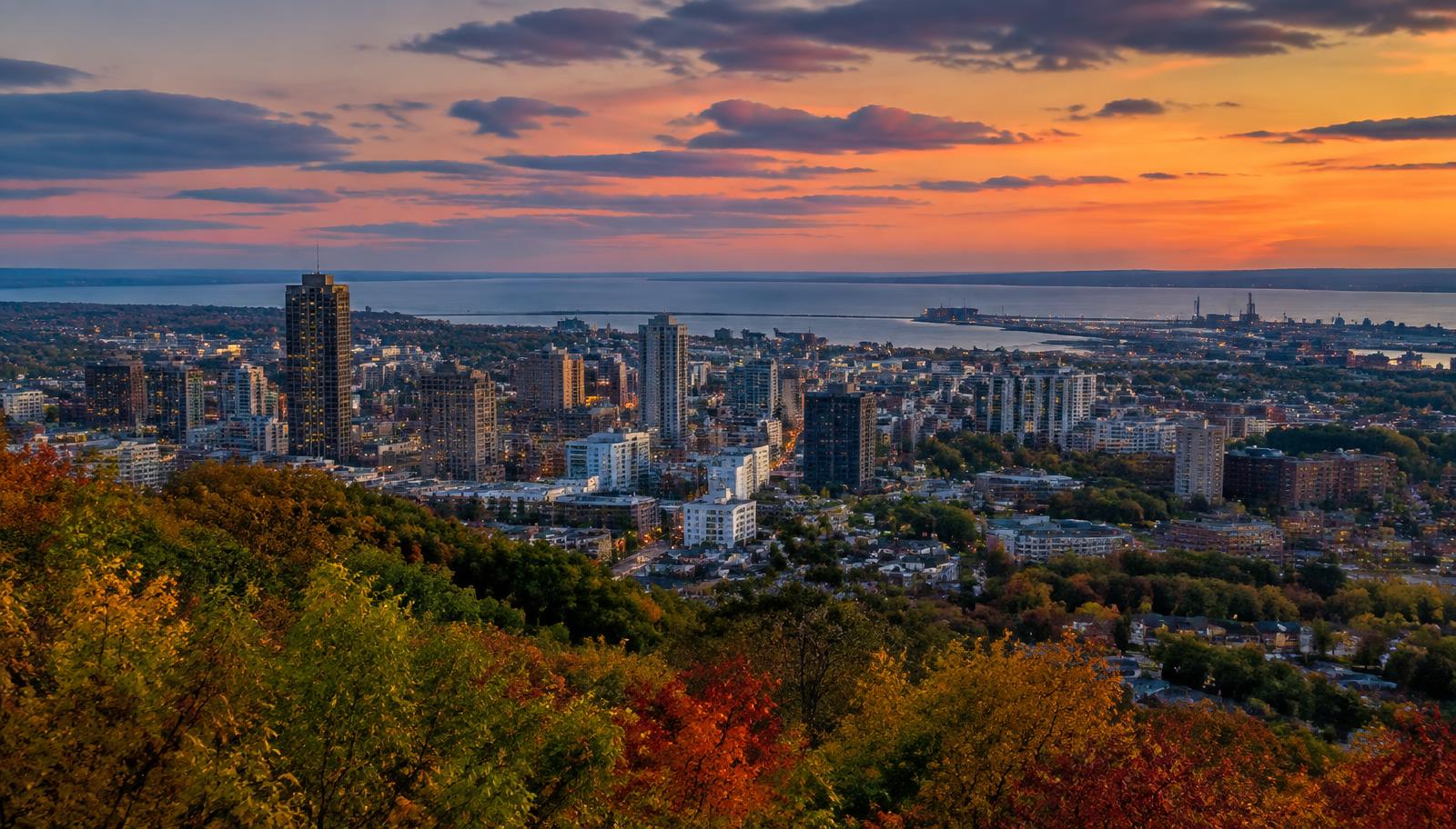 Downtown Hamilton, Ontario skyline and harbour seen from the Niagara Escarpment at dusk